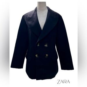 B11 NWT Zara Women Double Breasted Button Front Blazer Peacoat in Navy Size M